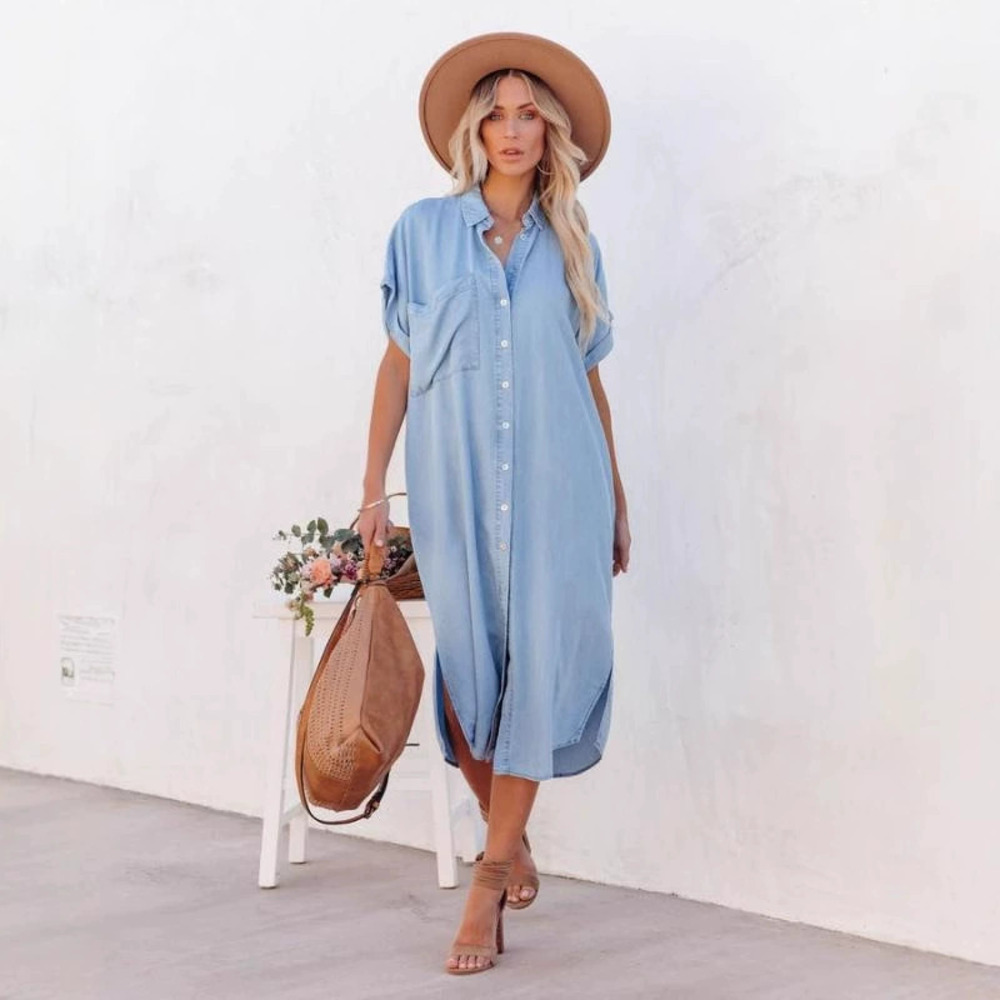 ZARA Fashion Solid Denim Short Sleeve Midi Split Shirt Dress